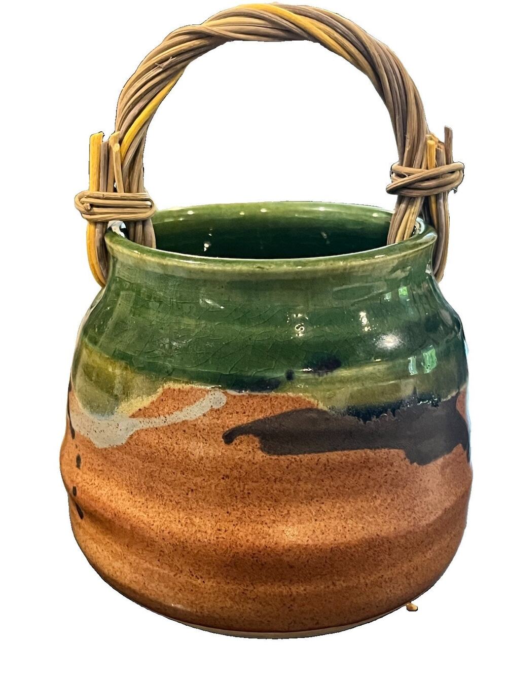 Studio Art Pottery Bowl With Bamboo Handle Smoky Mountains Gatlinburg TN